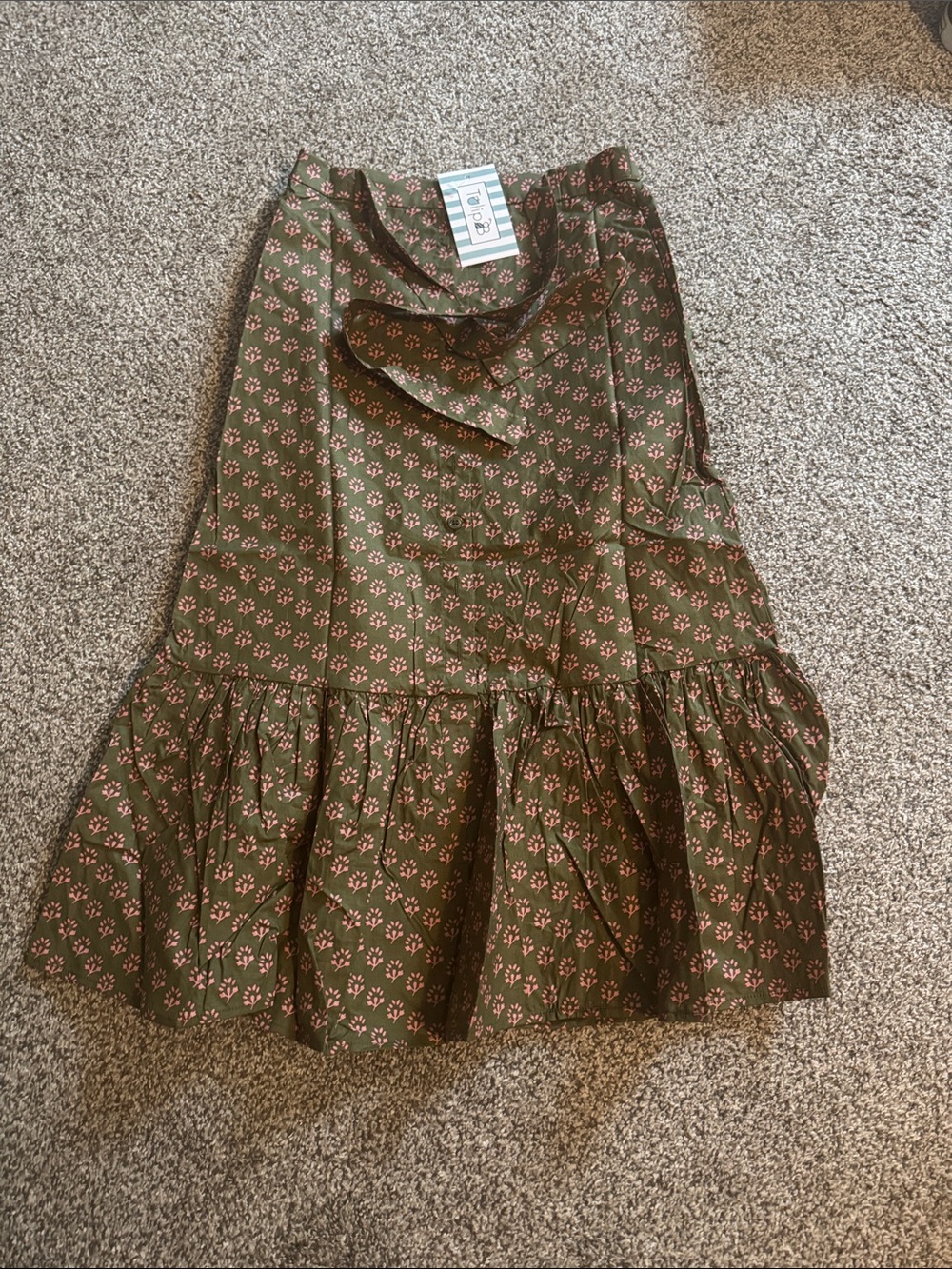 Olive Floral Ruffle-Hem Button Front Midi Skirt with Tie Waist